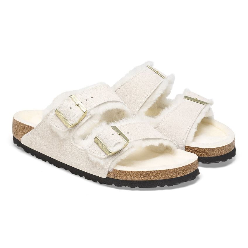 Birkenstock Women's Arizona Shearling Two-Strap Sandals - Antique White Suede