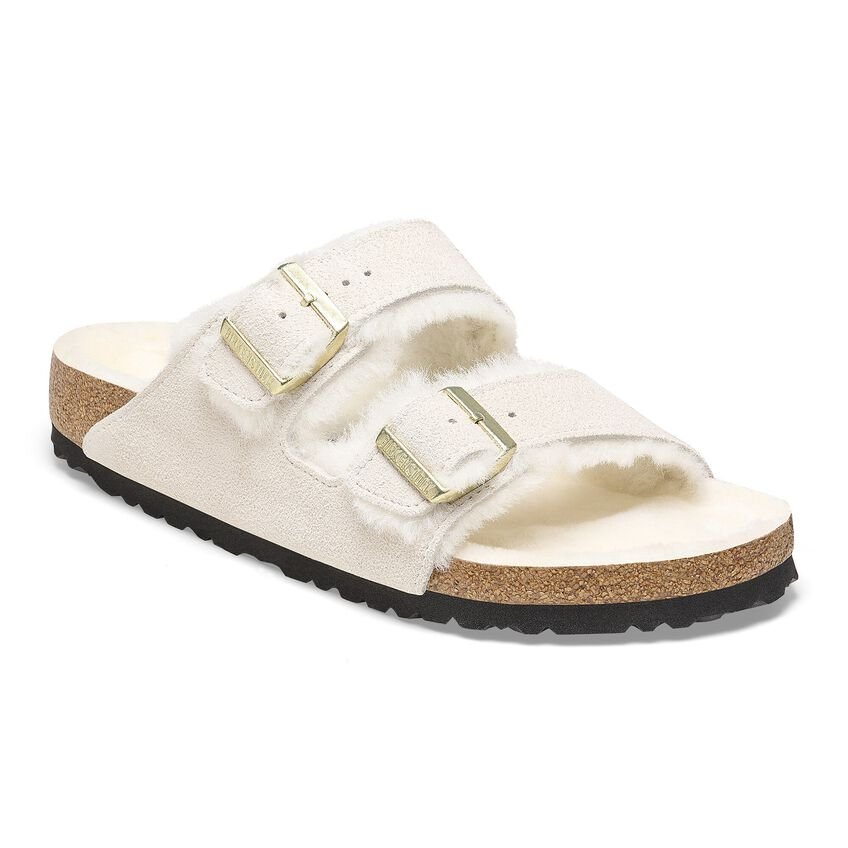 Birkenstock Women's Arizona Shearling Two-Strap Sandals - Antique White Suede