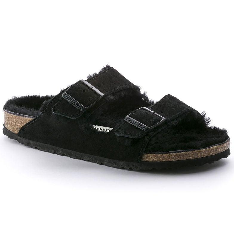 Birkenstock Arizona Shearling Two Strap Sandals - Black Suede