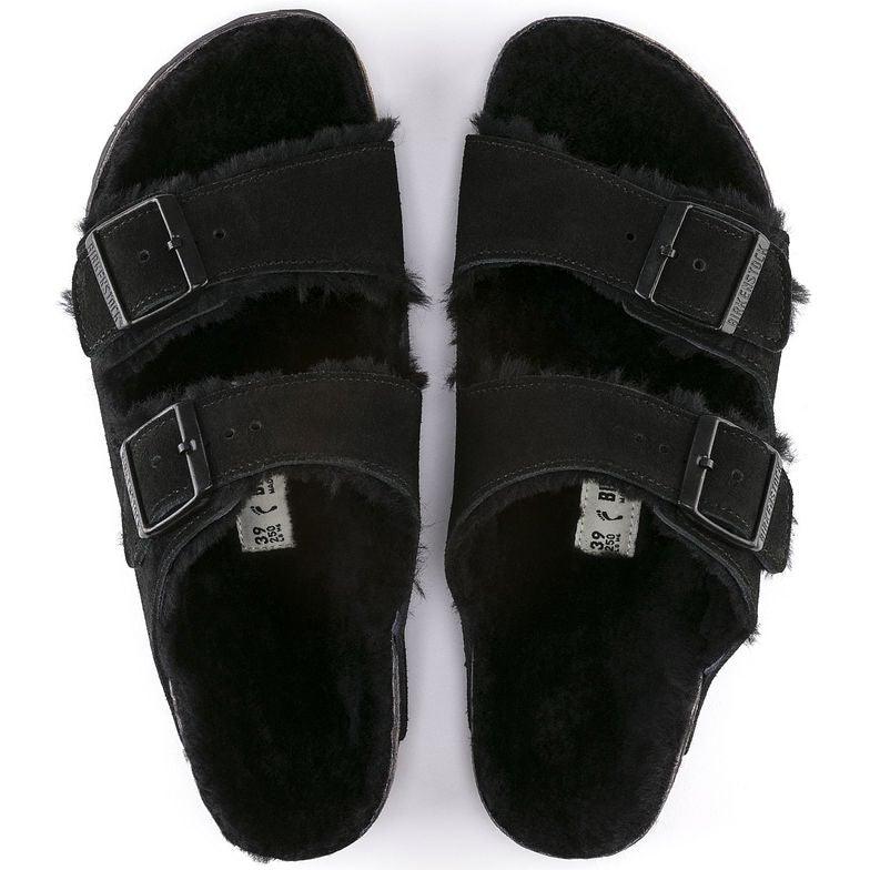 Birkenstock Arizona Shearling Two Strap Sandals - Black Suede