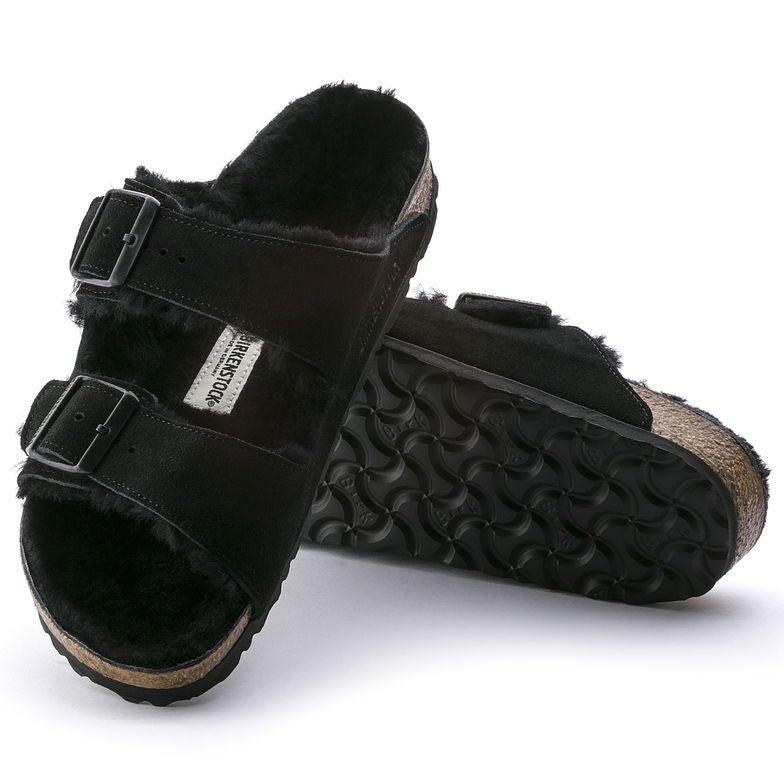 Birkenstock Arizona Shearling Two Strap Sandals - Black Suede
