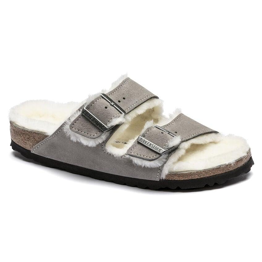 Birkenstock Arizona Shearling Two Strap Sandals - Stone Suede
