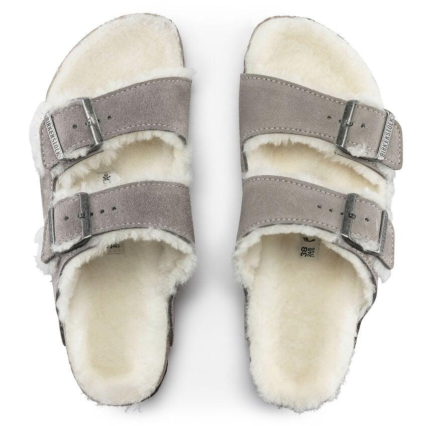 Birkenstock Arizona Shearling Two Strap Sandals - Stone Suede