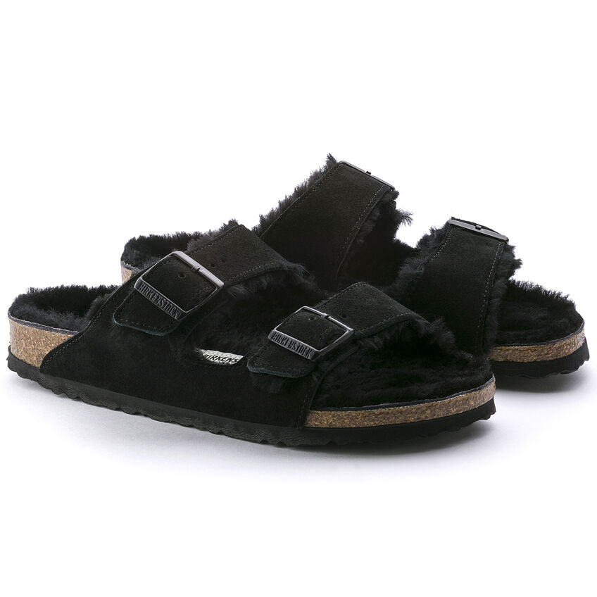 Birkenstock Arizona Shearling Two Strap Sandals - Black Suede