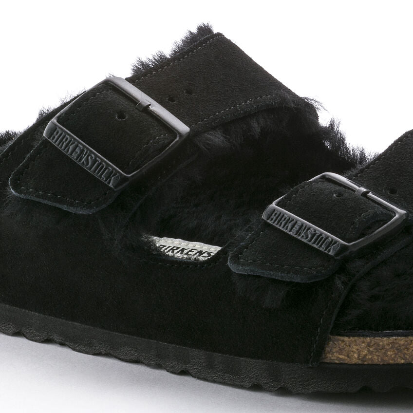 Birkenstock Arizona Shearling Two Strap Sandals - Black Suede