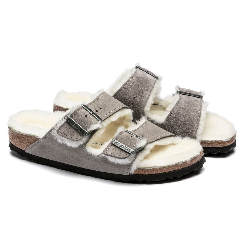 Birkenstock Arizona Shearling Two Strap Sandals - Stone Suede