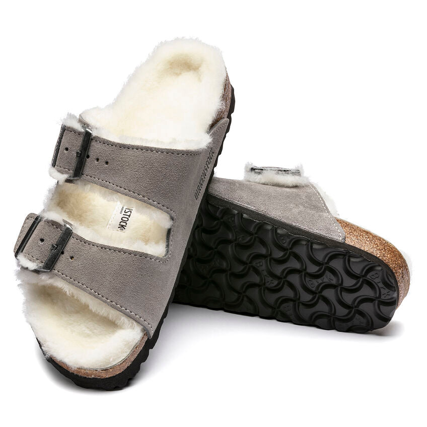 Birkenstock Arizona Shearling Two Strap Sandals - Stone Suede